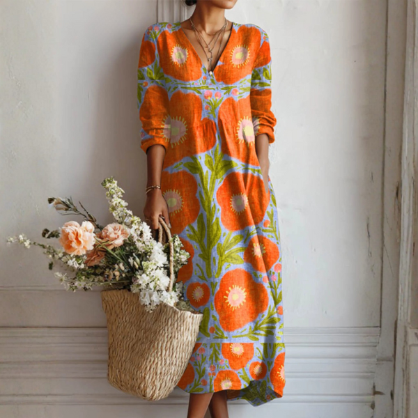Vestido Boho de Lino Estampado Midi para Mujer