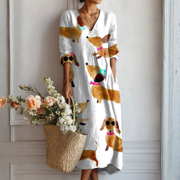 Vestido Boho de Lino Estampado Midi para Mujer