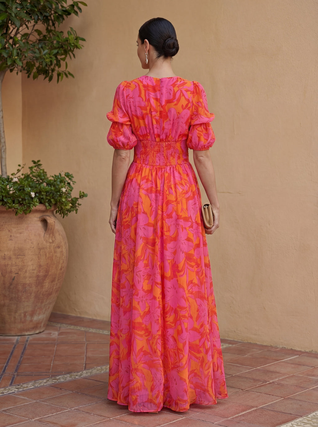 Vestido Largo Escote V Manga Abullonada