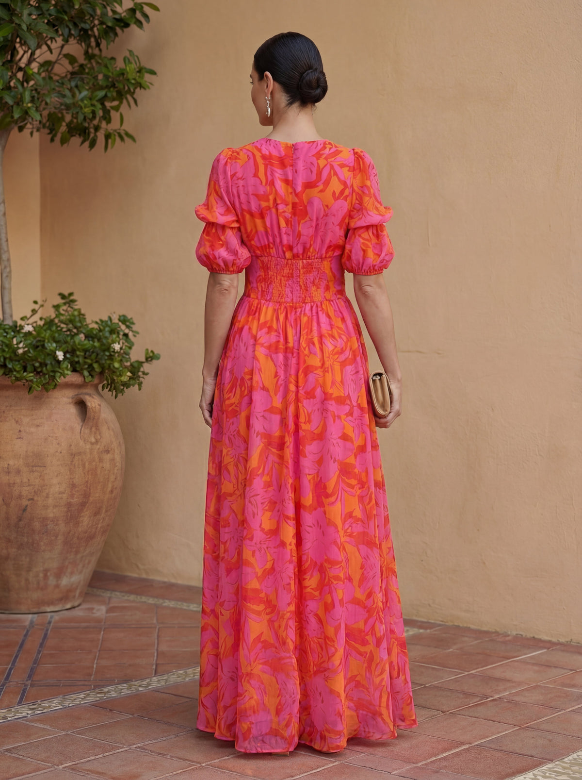 Vestido Largo Escote V Manga Abullonada