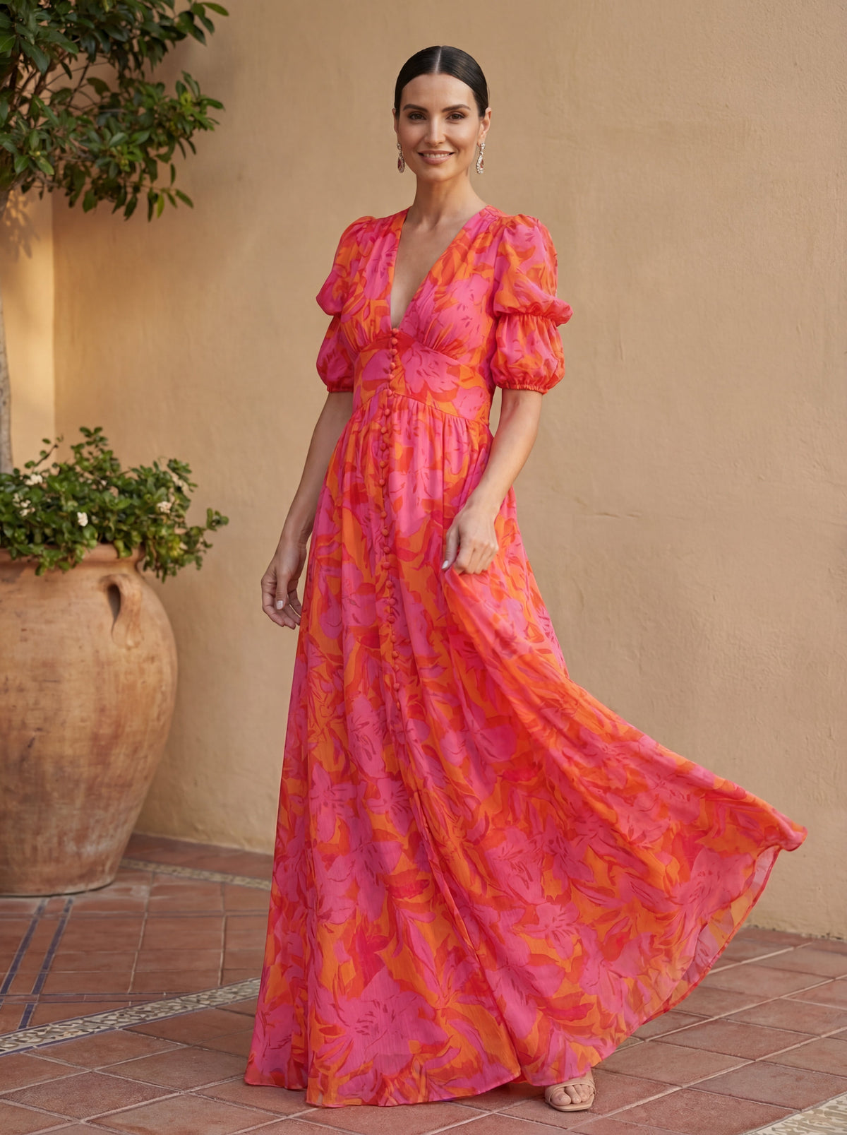 Vestido Largo Escote V Manga Abullonada