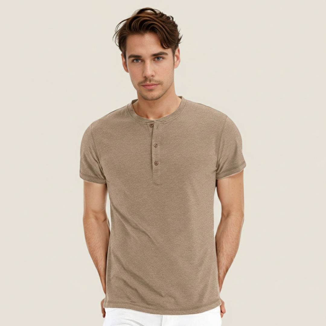 Básico Redondo | Camiseta Básica Hombre Manga Corta Tapeta Botones Cuello Redondo