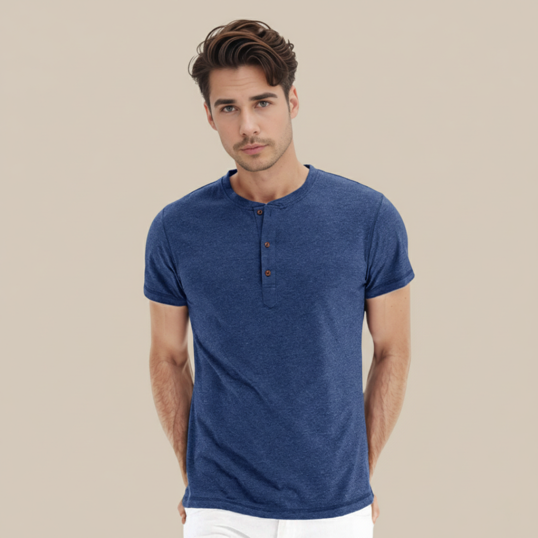 Básico Redondo | Camiseta Básica Hombre Manga Corta Tapeta Botones Cuello Redondo