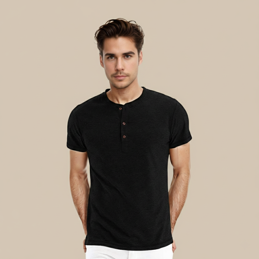 Básico Redondo | Camiseta Básica Hombre Manga Corta Tapeta Botones Cuello Redondo