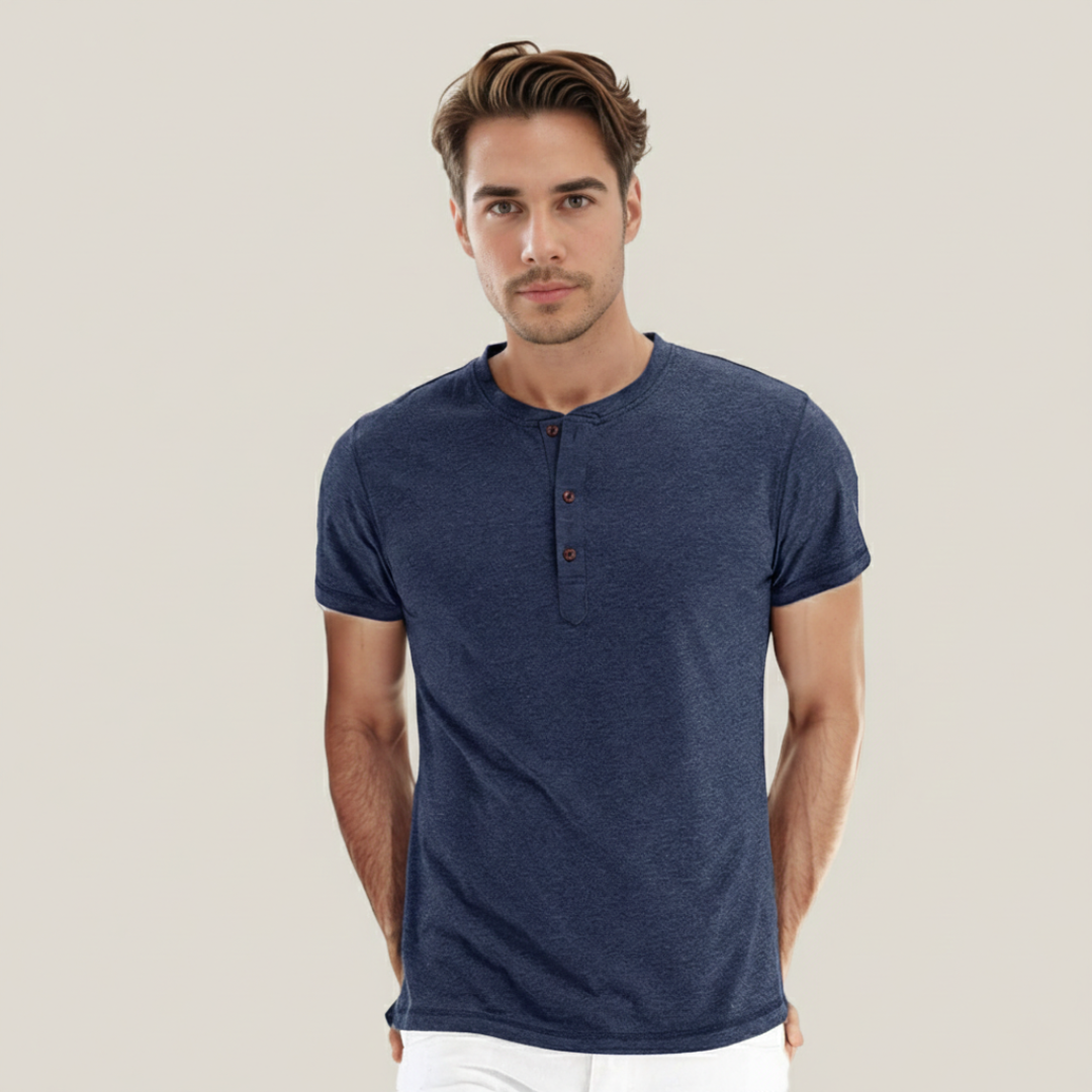 Básico Redondo | Camiseta Básica Hombre Manga Corta Tapeta Botones Cuello Redondo