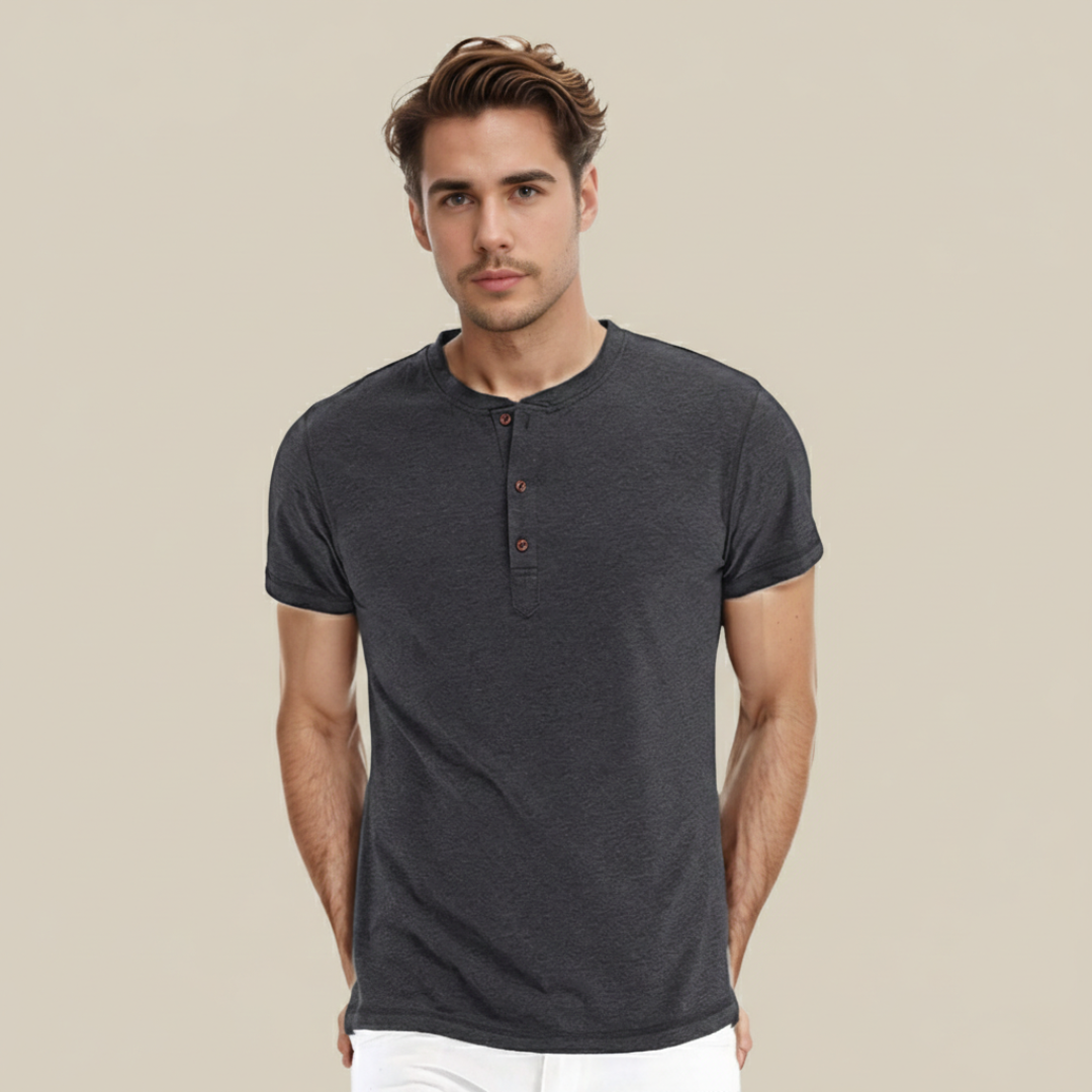 Básico Redondo | Camiseta Básica Hombre Manga Corta Tapeta Botones Cuello Redondo