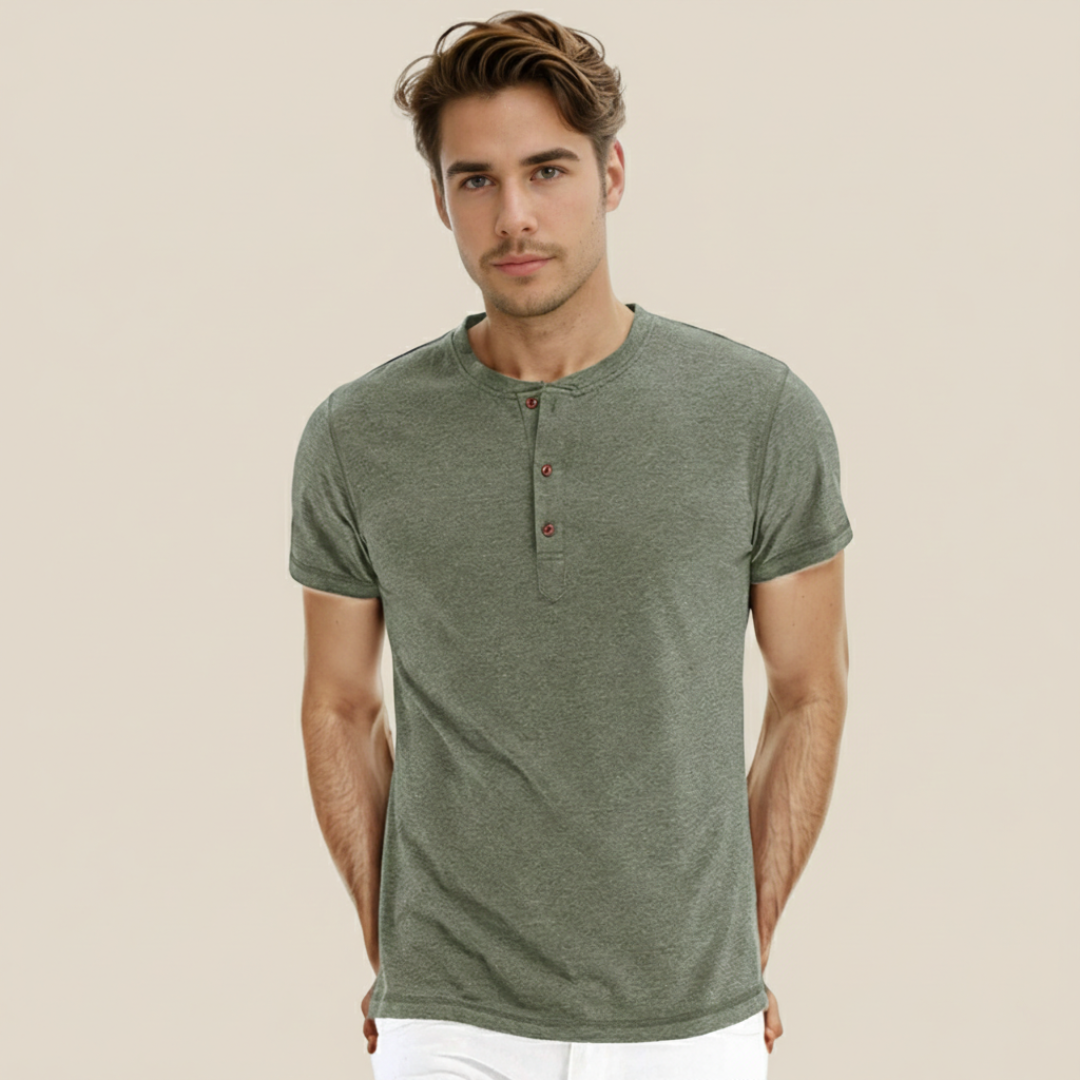 Básico Redondo | Camiseta Básica Hombre Manga Corta Tapeta Botones Cuello Redondo