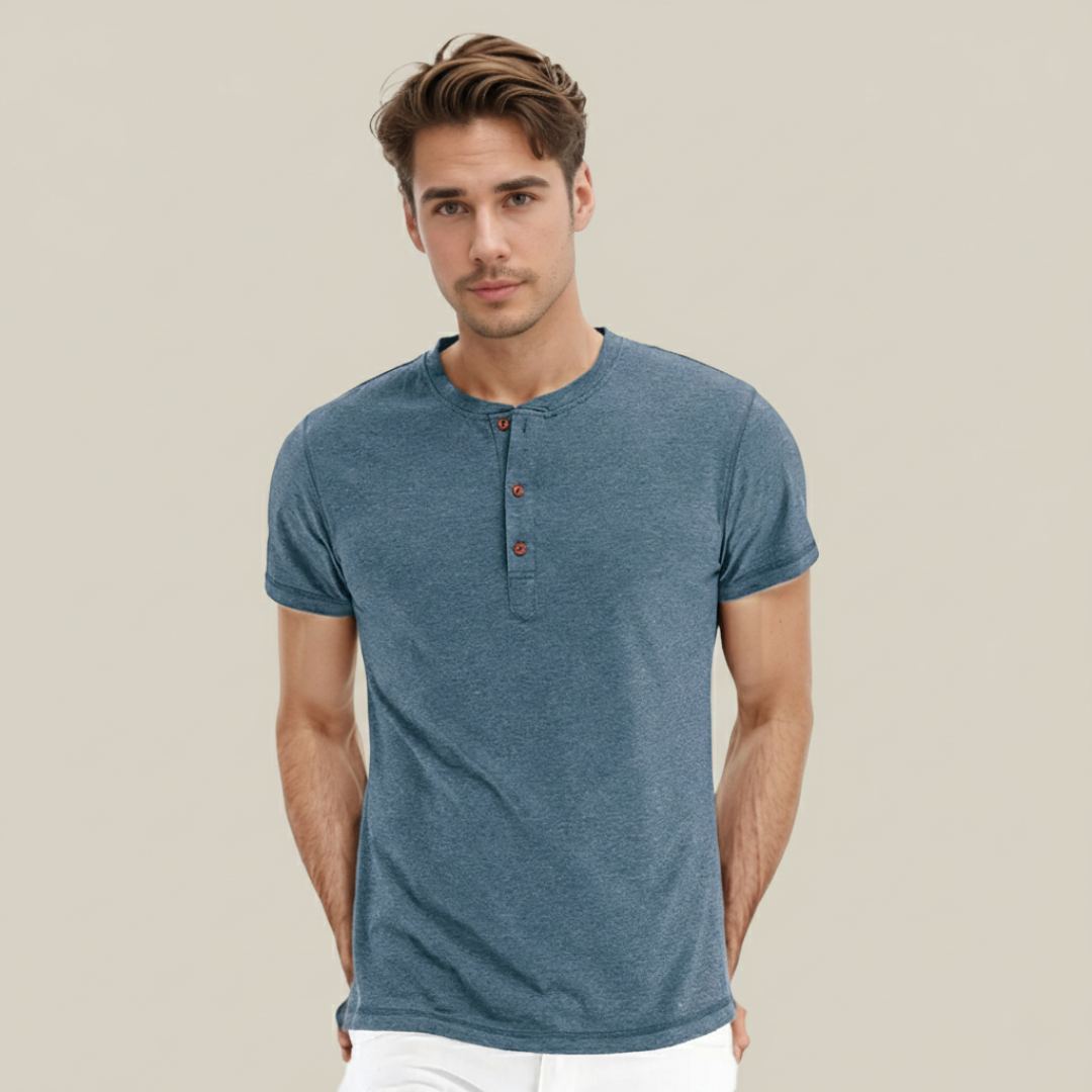 Básico Redondo | Camiseta Básica Hombre Manga Corta Tapeta Botones Cuello Redondo