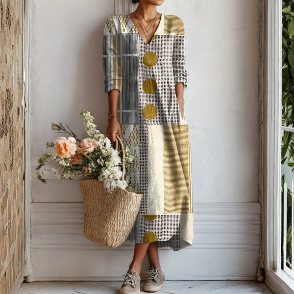 Vestido Boho de Lino Estampado Midi para Mujer