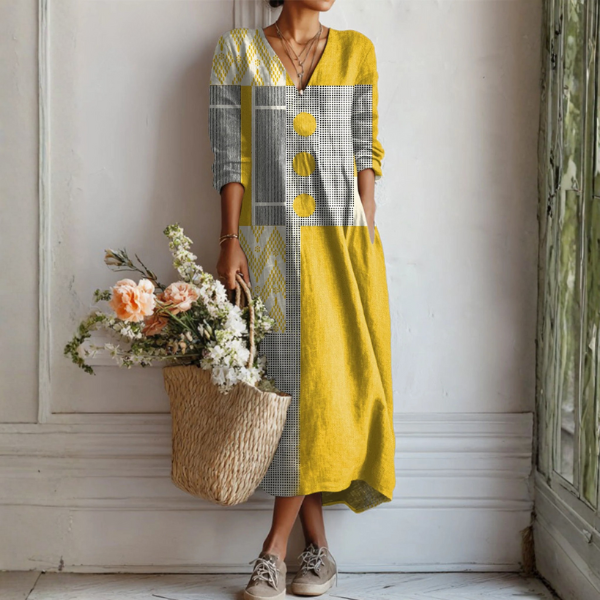 Vestido Boho de Lino Estampado Midi para Mujer