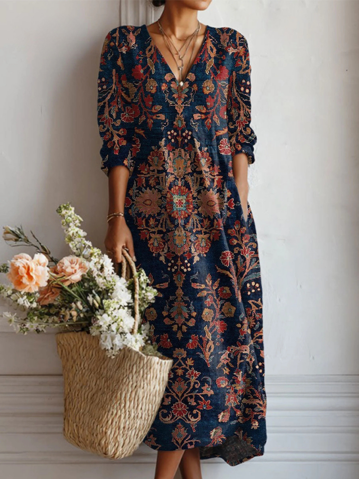 Vestido Boho de Lino Estampado Midi para Mujer