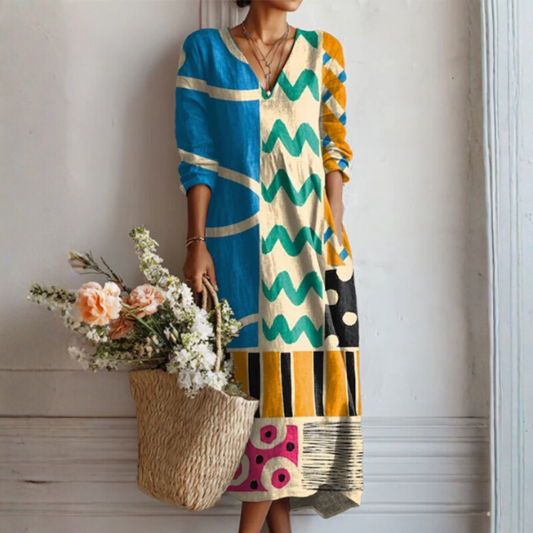 Vestido Boho de Lino Estampado Midi para Mujer