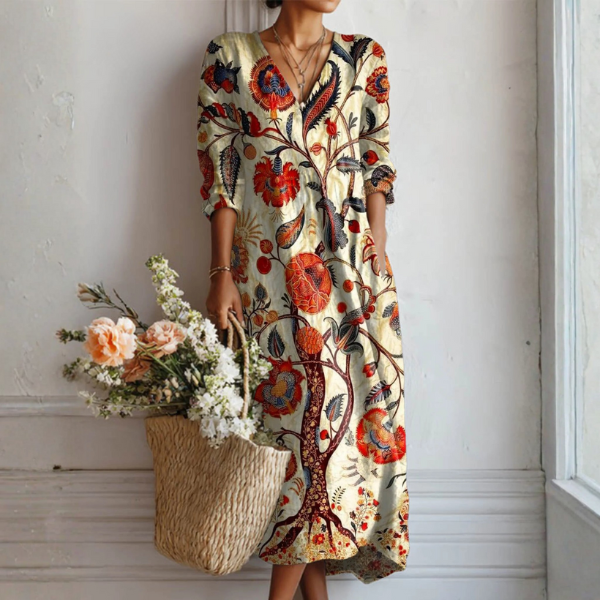 Vestido Boho de Lino Estampado Midi para Mujer