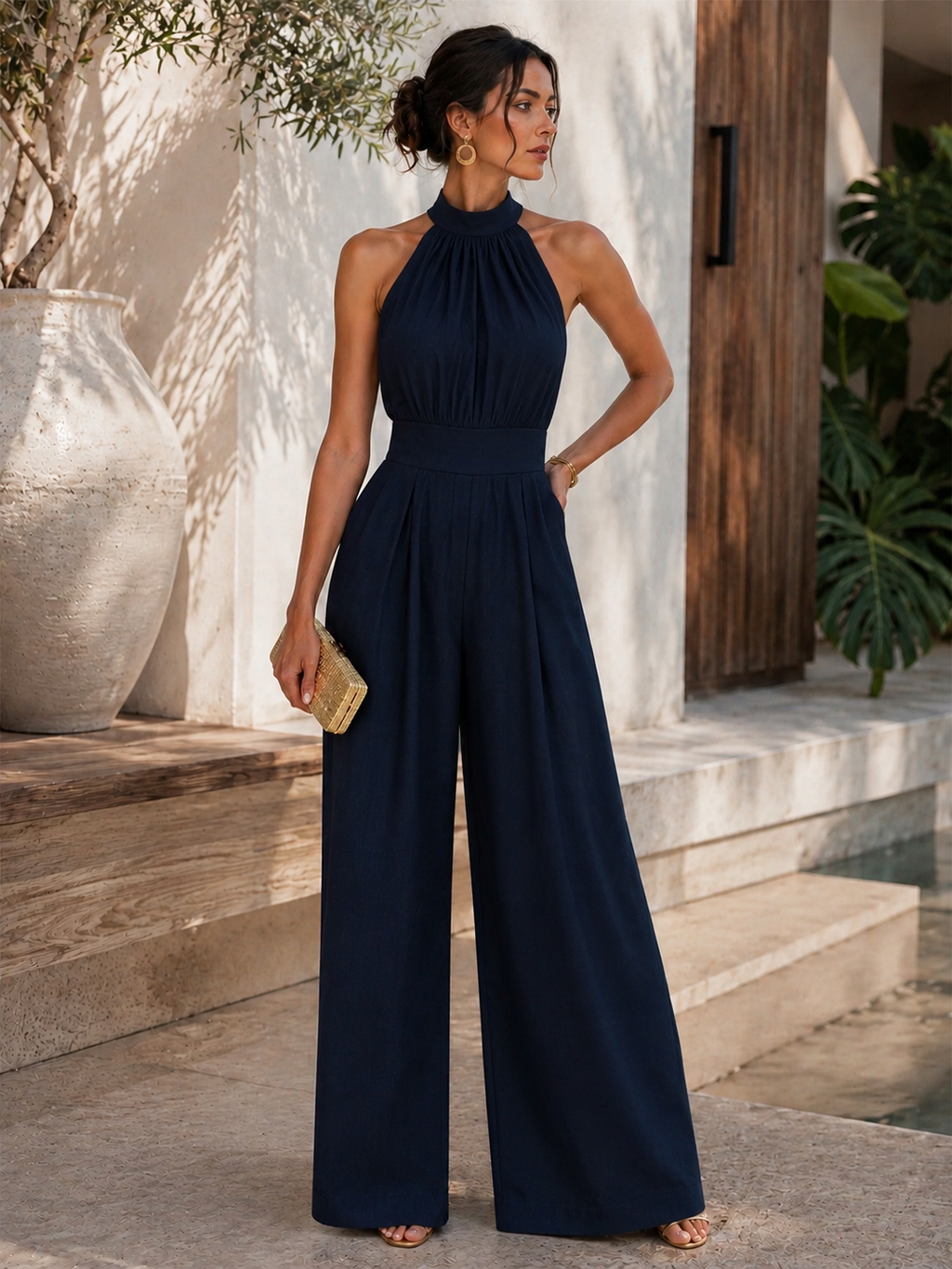 Conjunto Palazzo de Lino y Blusa Halter Estampada