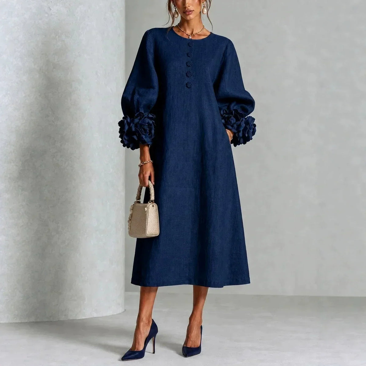 Alba Vestido Midi Corte Recto Botones Florales Puños Rosas