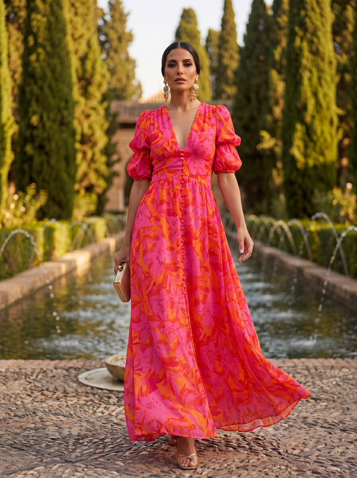 Vestido Largo Escote V Manga Abullonada