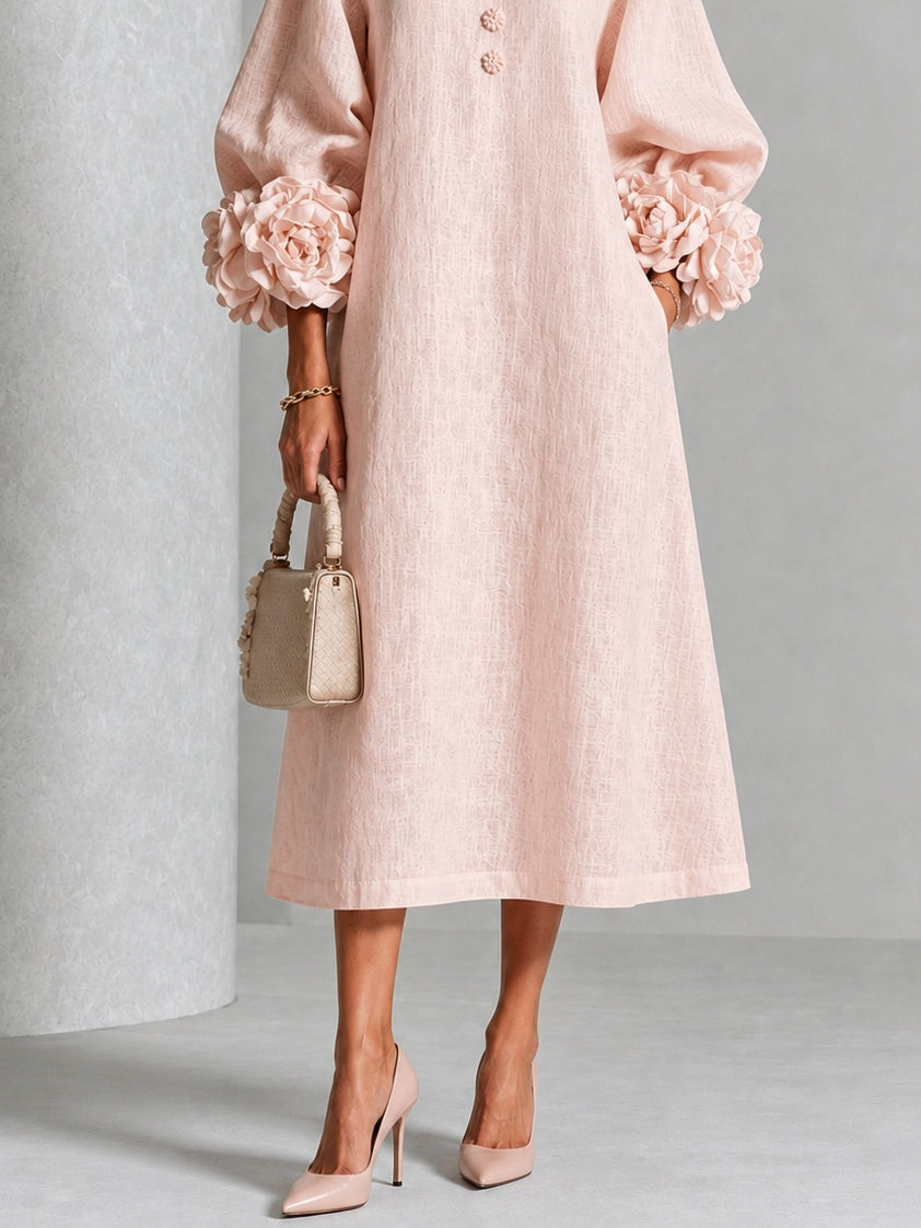 Alba Vestido Midi Corte Recto Botones Florales Puños Rosas