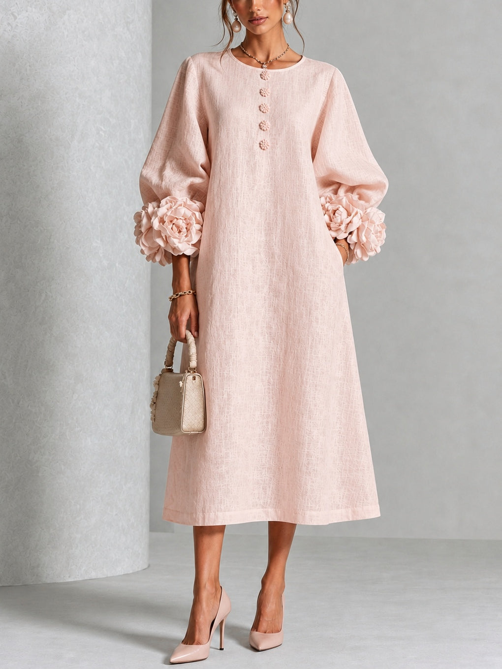 Alba Vestido Midi Corte Recto Botones Florales Puños Rosas