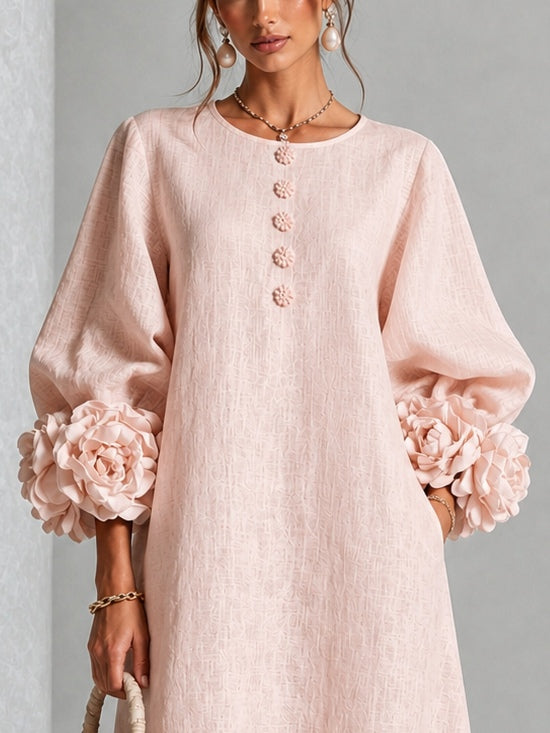 Alba Vestido Midi Corte Recto Botones Florales Puños Rosas