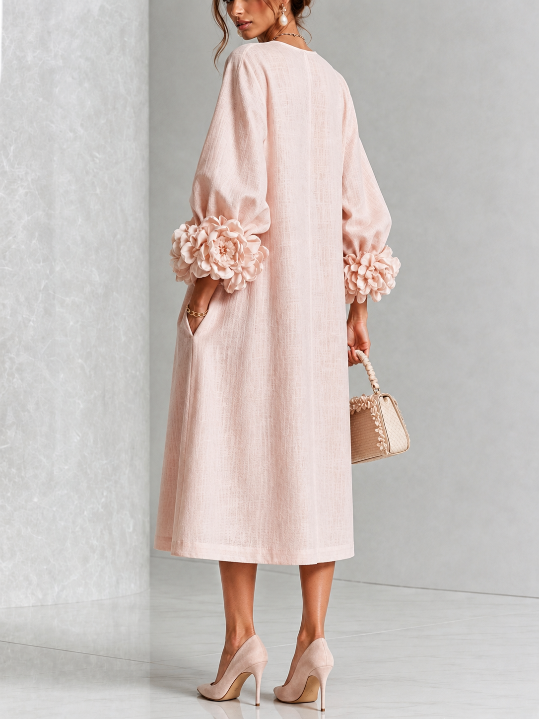 Alba Vestido Midi Corte Recto Botones Florales Puños Rosas