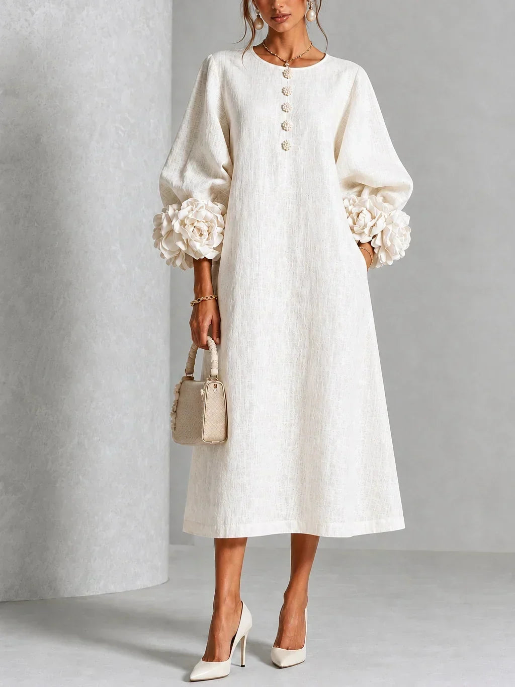Alba Vestido Midi Corte Recto Botones Florales Puños Rosas