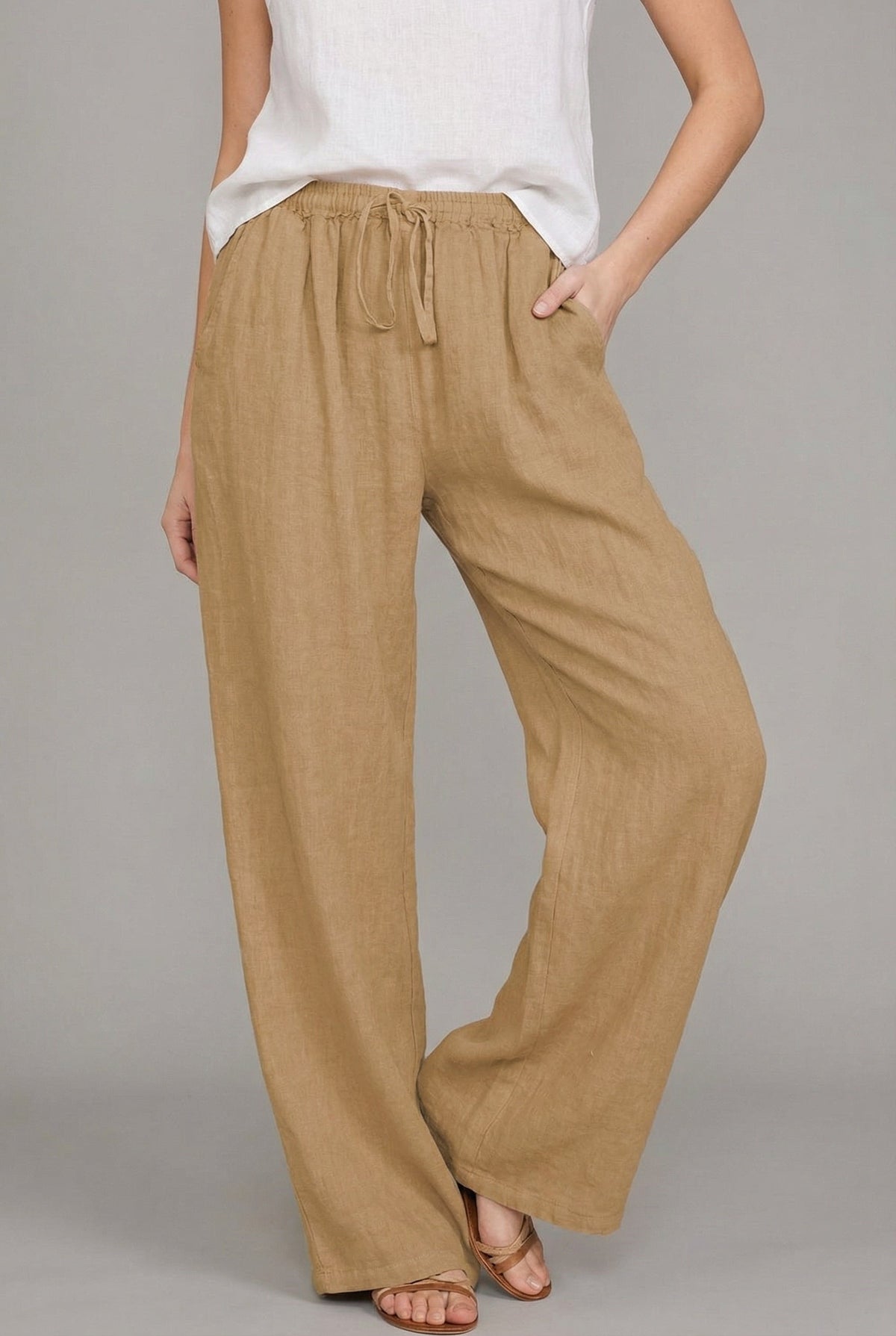 Pantalón de Lino Pierna Ancha Cintura Elástica