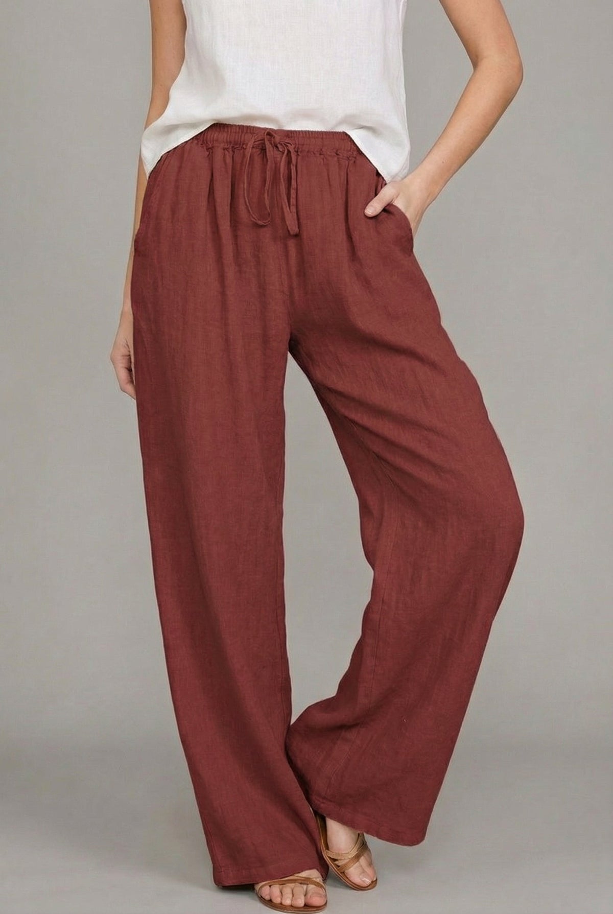 Pantalón de Lino Pierna Ancha Cintura Elástica