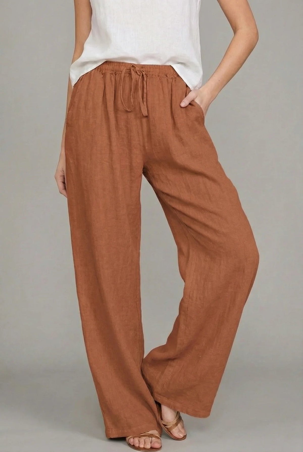 Pantalón de Lino Pierna Ancha Cintura Elástica
