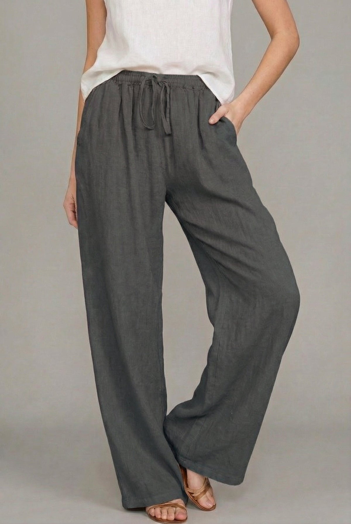 Pantalón de Lino Pierna Ancha Cintura Elástica