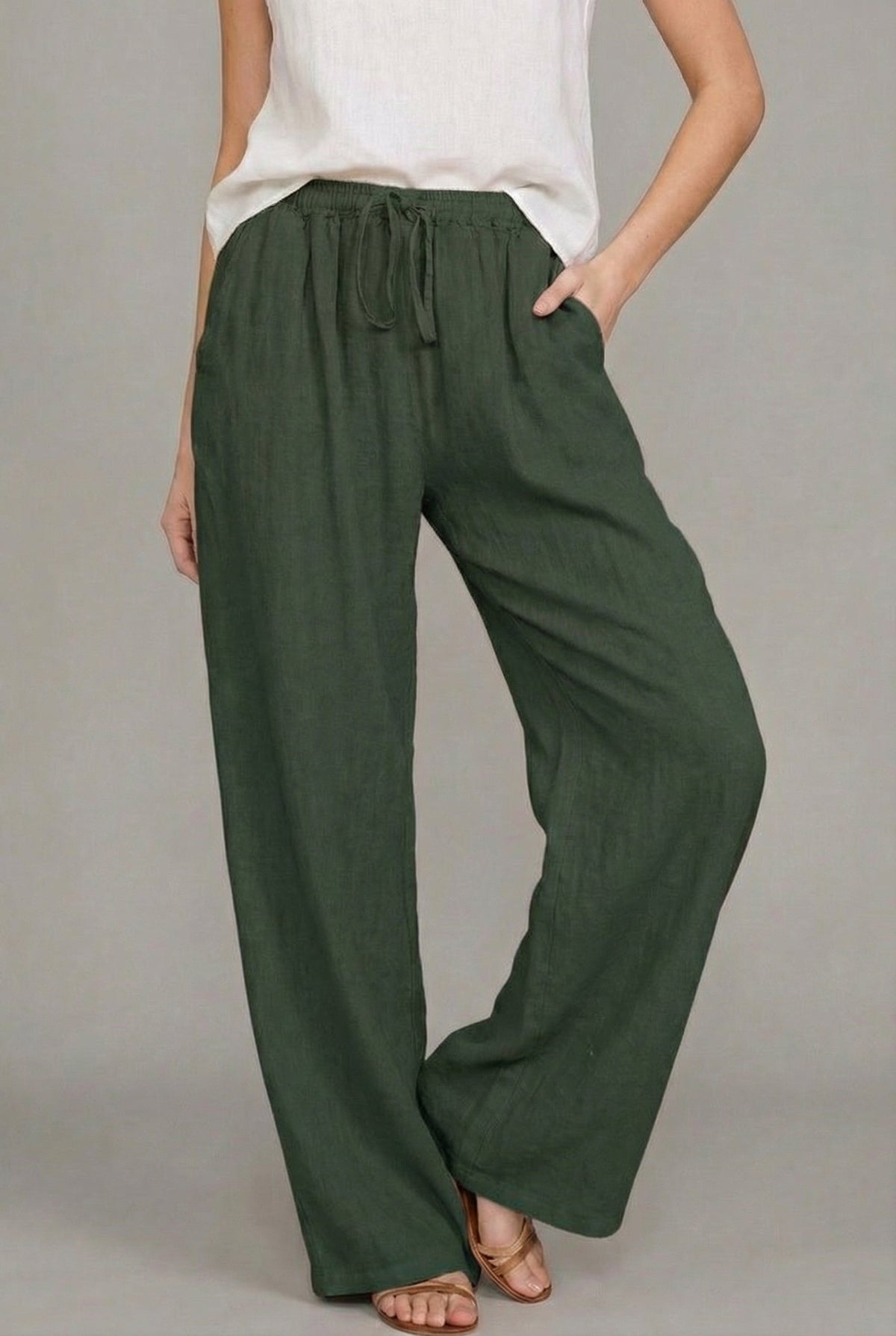 Pantalón de Lino Pierna Ancha Cintura Elástica