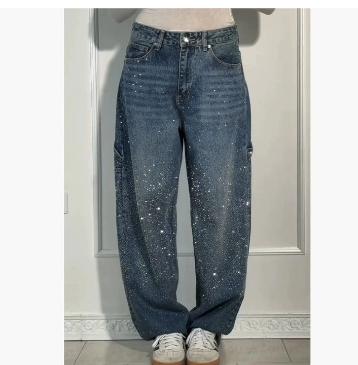 Abril Mujer Pantalones Baggy Vaquero Brillantes Cintura Alta
