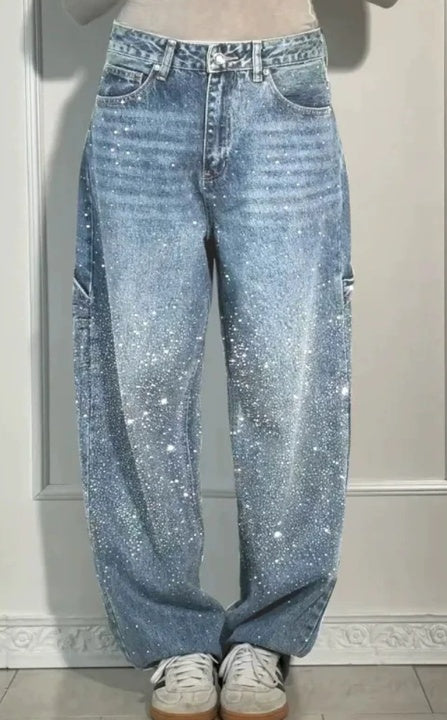 Abril Mujer Pantalones Baggy Vaquero Brillantes Cintura Alta