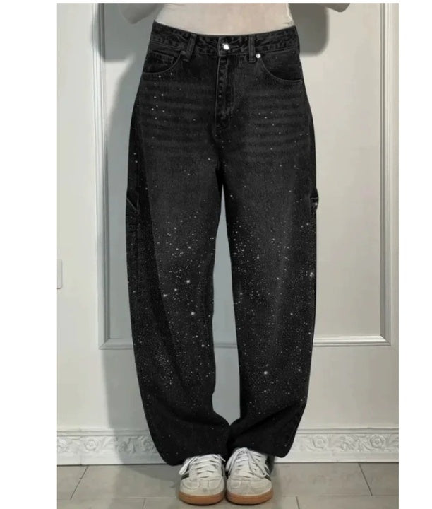 Abril Mujer Pantalones Baggy Vaquero Brillantes Cintura Alta