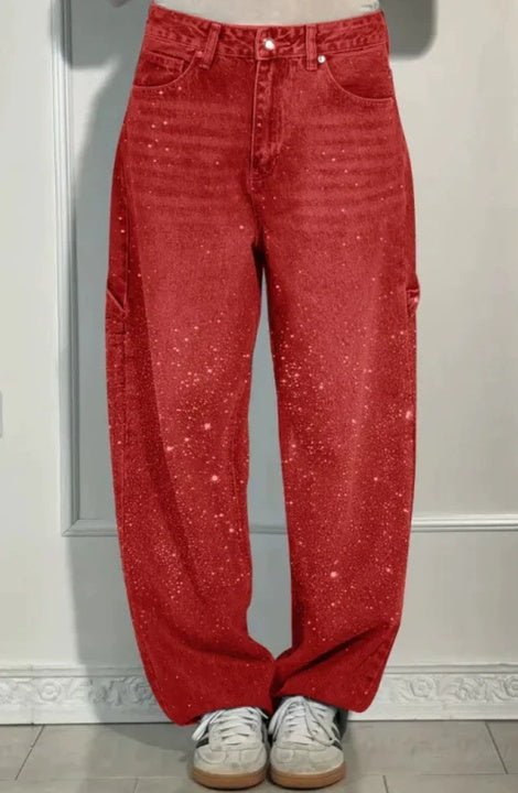 Abril Mujer Pantalones Baggy Vaquero Brillantes Cintura Alta