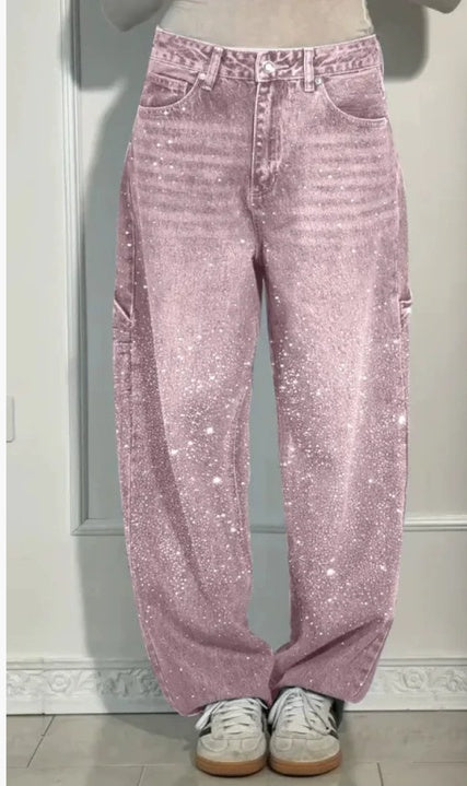 Abril Mujer Pantalones Baggy Vaquero Brillantes Cintura Alta