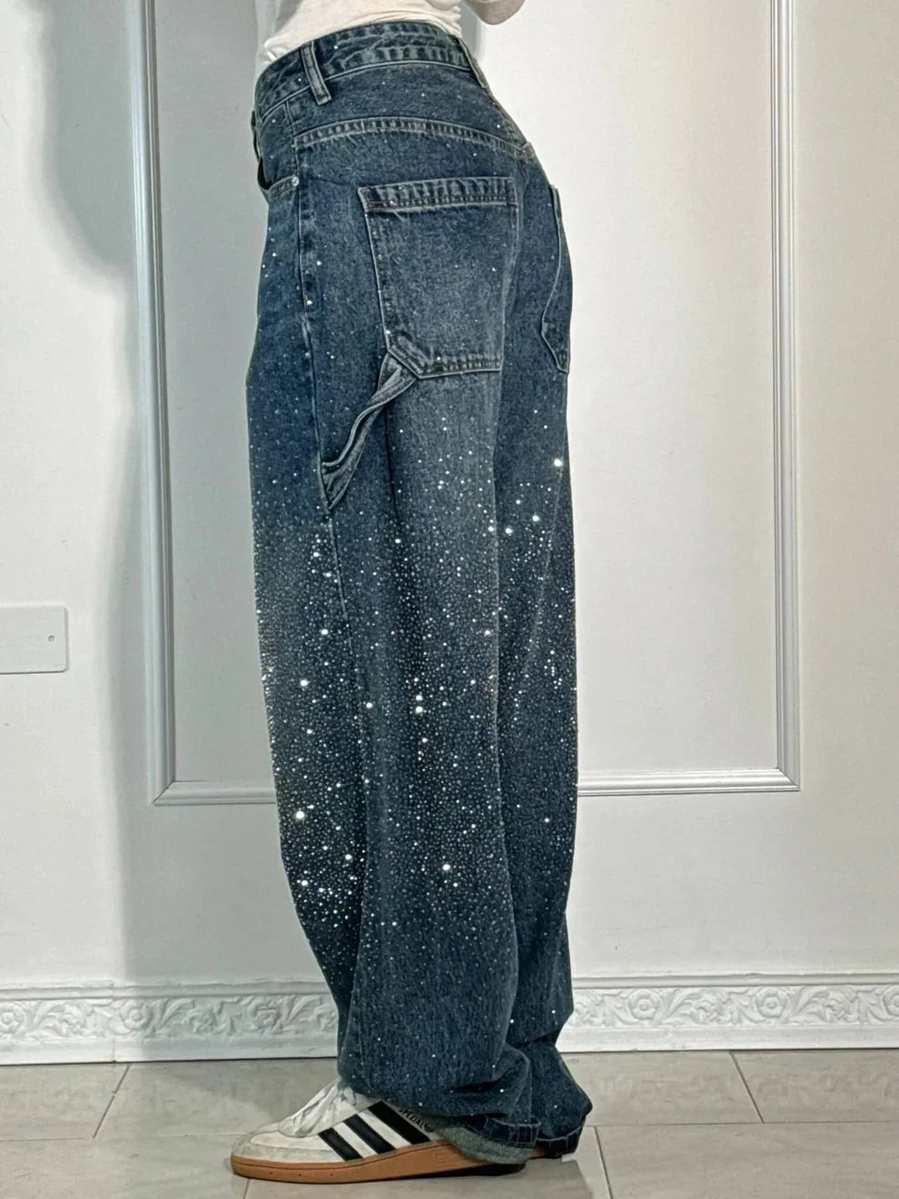 Abril Mujer Pantalones Baggy Vaquero Brillantes Cintura Alta
