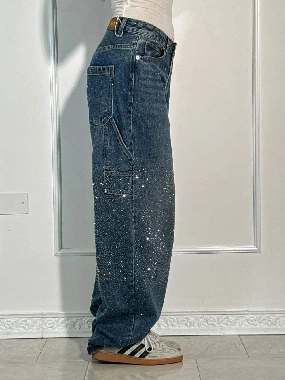 Abril Mujer Pantalones Baggy Vaquero Brillantes Cintura Alta