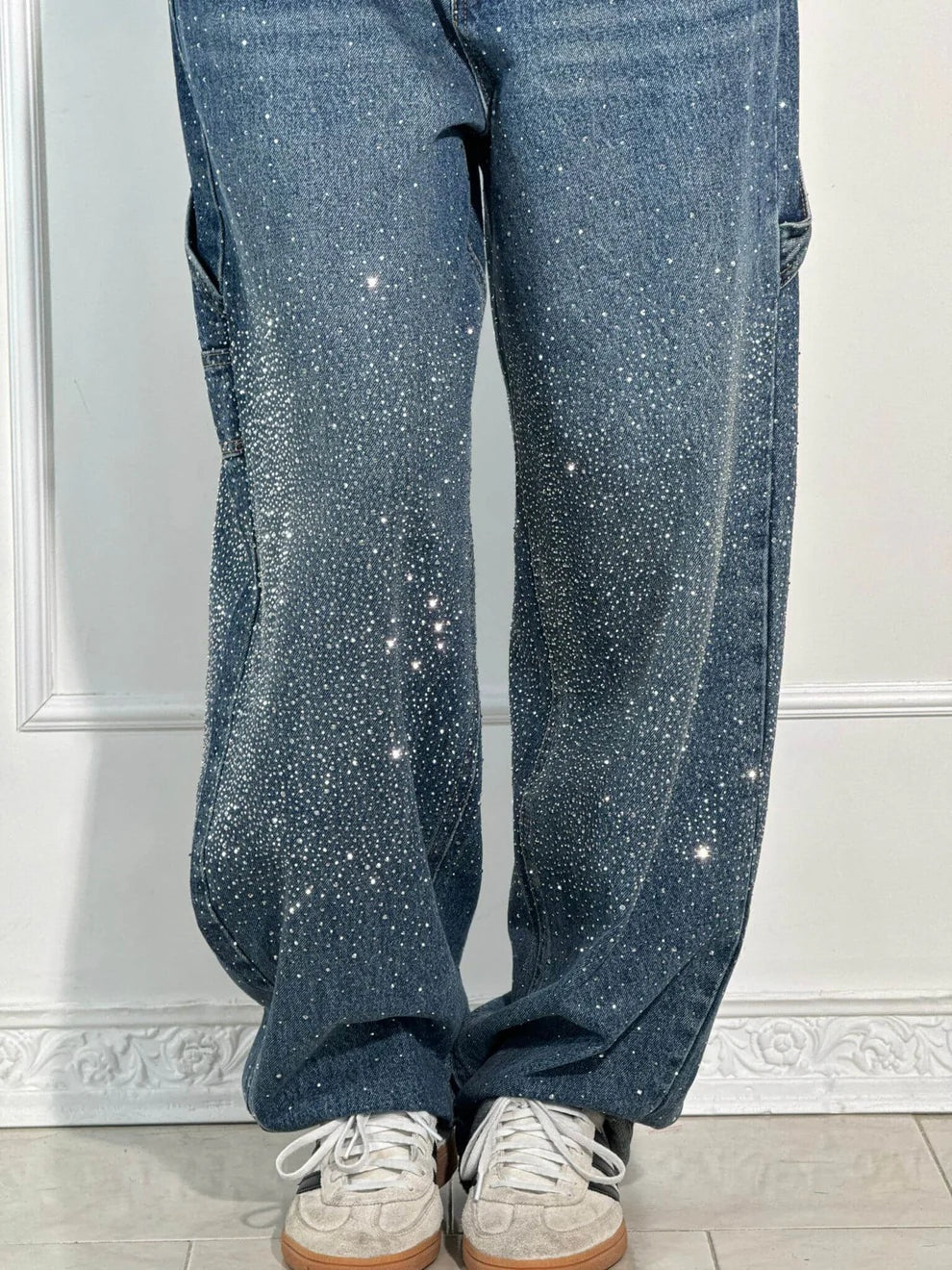 Abril Mujer Pantalones Baggy Vaquero Brillantes Cintura Alta