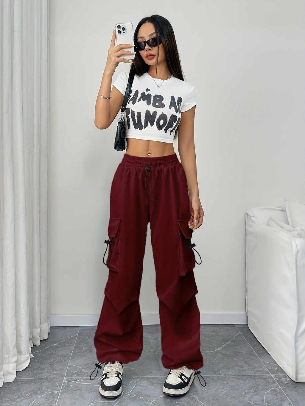 Abril Mujer Pantalones Cargo Pierna Ancha Cintura Elástica Cordón