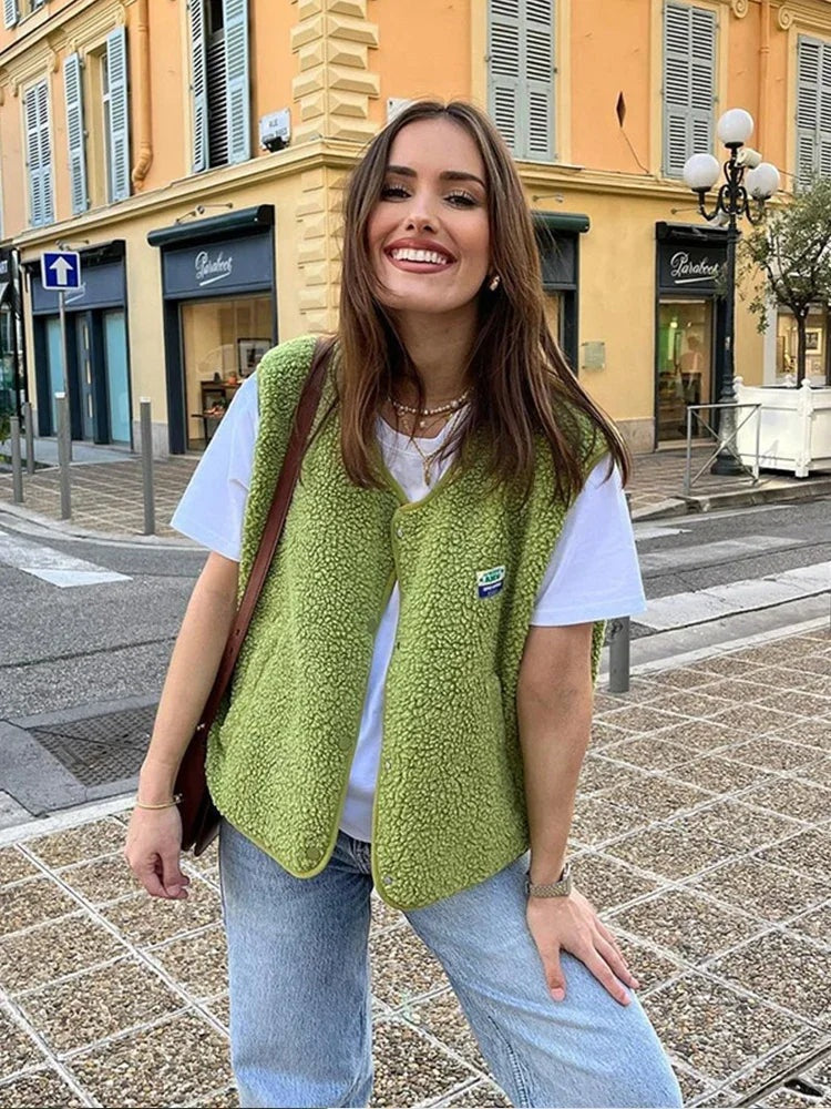 Julia | Chaleco Borreguito Mujer Escote V Sin Mangas
