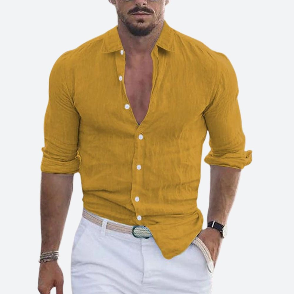 Slim Abierto | Camisa de Lino de Manga Larga Hombre Cuello Abierto Slim Fit