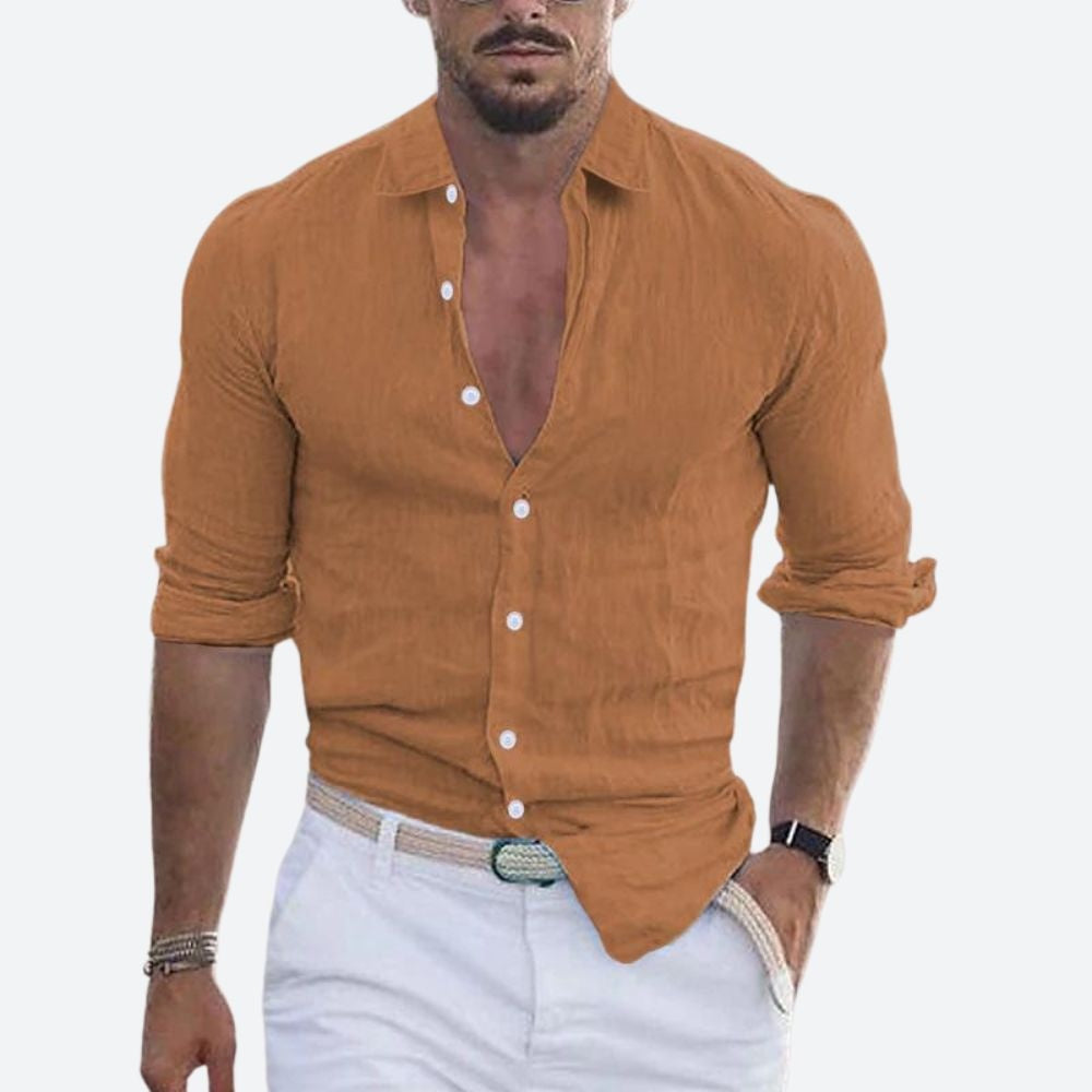 Slim Abierto | Camisa de Lino de Manga Larga Hombre Cuello Abierto Slim Fit