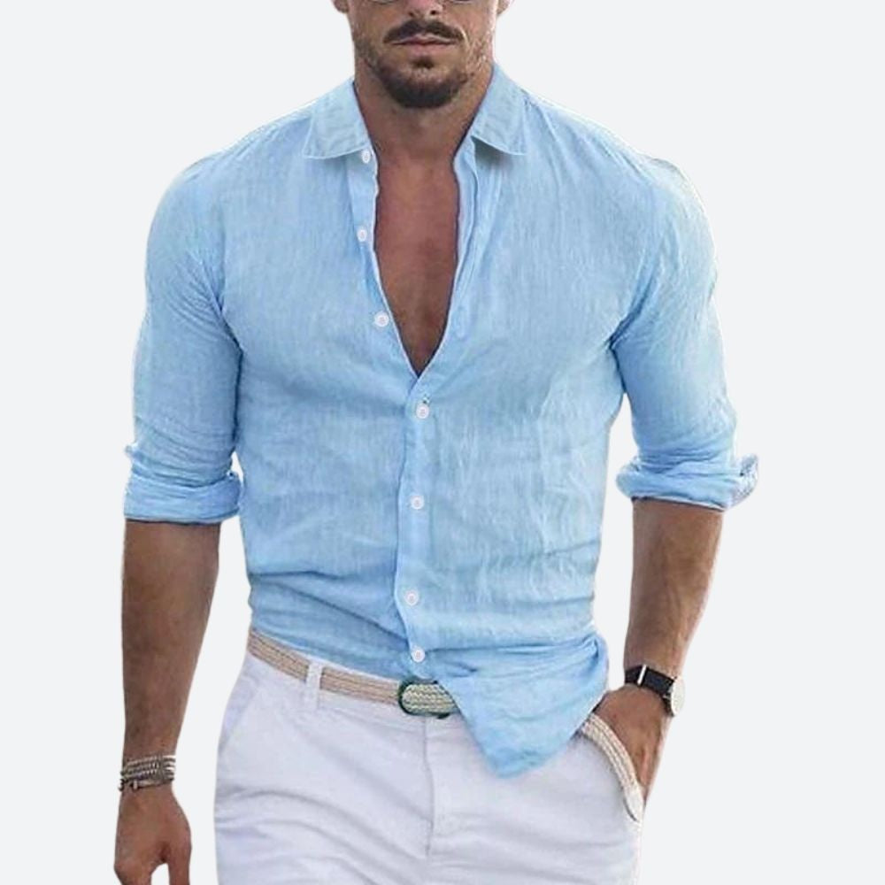 Slim Abierto | Camisa de Lino de Manga Larga Hombre Cuello Abierto Slim Fit