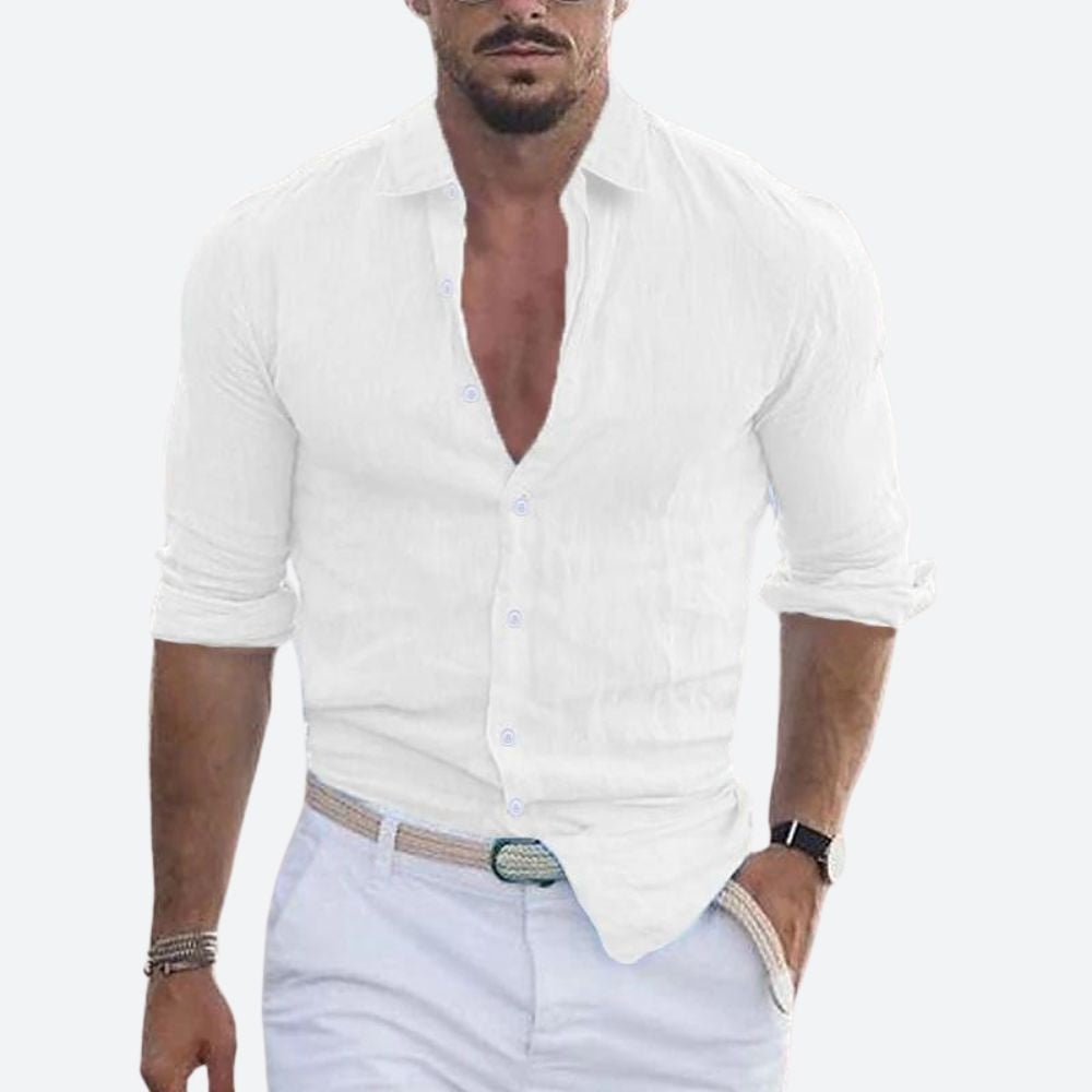 Slim Abierto | Camisa de Lino de Manga Larga Hombre Cuello Abierto Slim Fit