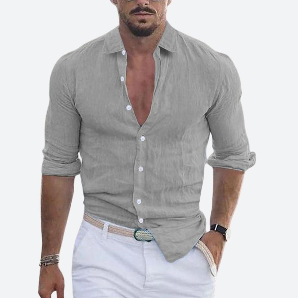 Slim Abierto | Camisa de Lino de Manga Larga Hombre Cuello Abierto Slim Fit