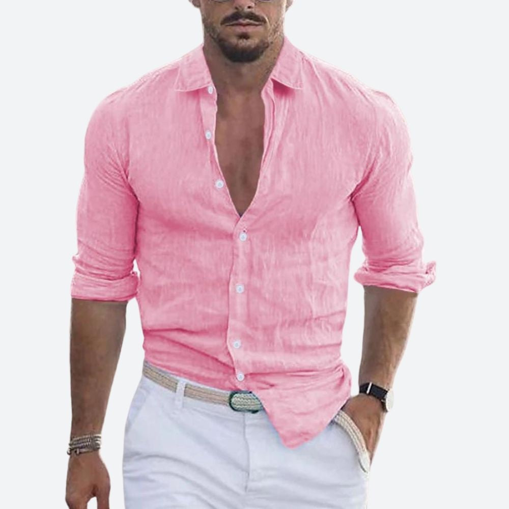 Slim Abierto | Camisa de Lino de Manga Larga Hombre Cuello Abierto Slim Fit