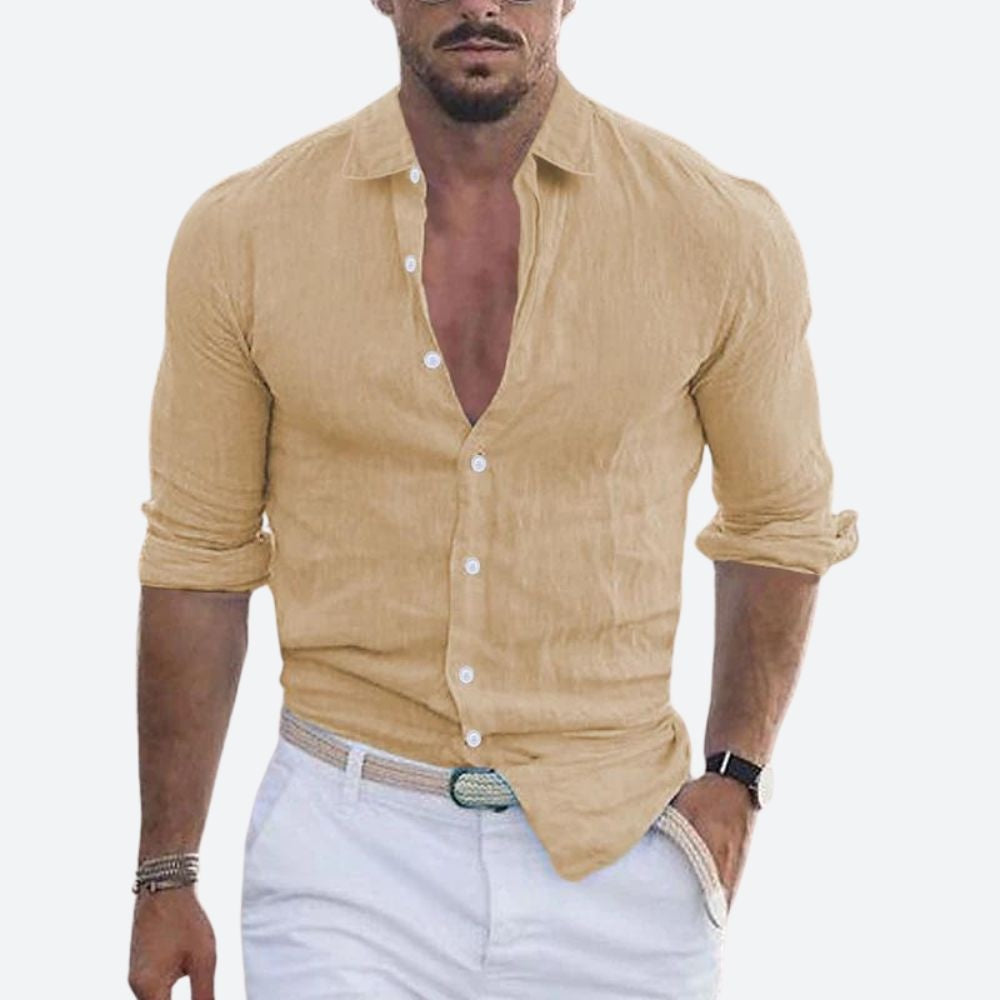 Slim Abierto | Camisa de Lino de Manga Larga Hombre Cuello Abierto Slim Fit