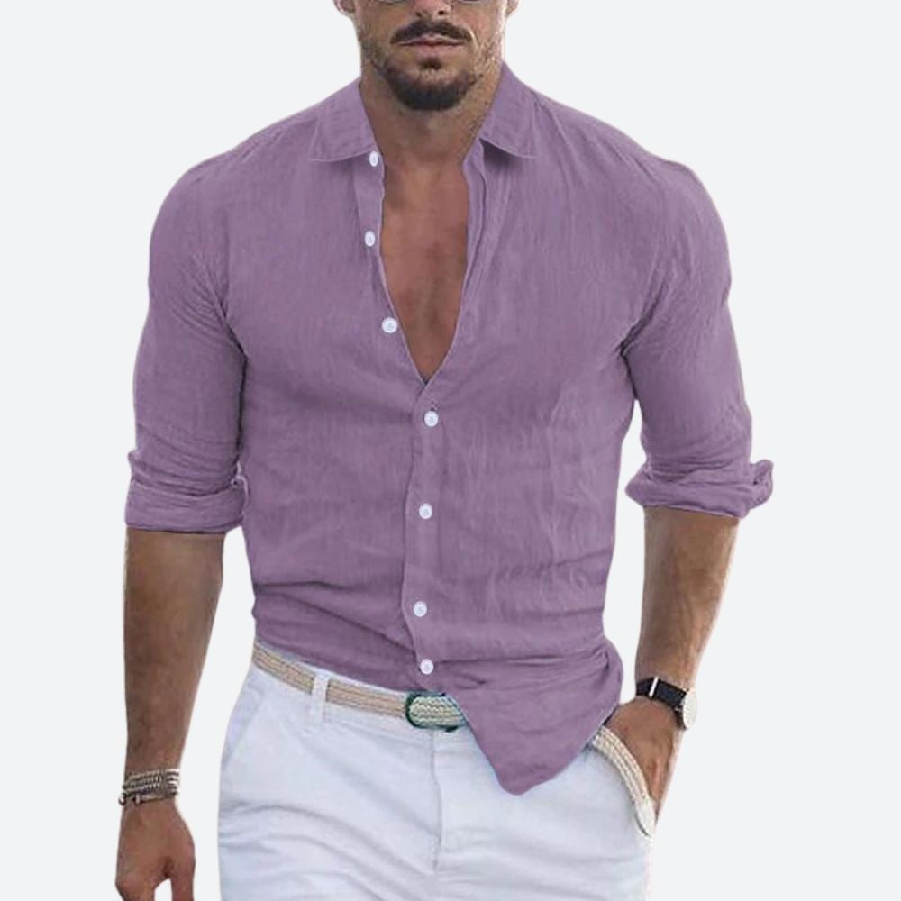 Slim Abierto | Camisa de Lino de Manga Larga Hombre Cuello Abierto Slim Fit