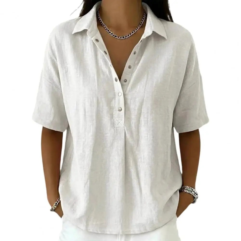 Blusa de Lino Manga Corta Cuello Polo Clásica