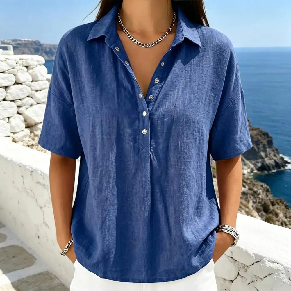 Costa Blanca | Blusa de Lino Mujer Manga Corta Cuello Polo